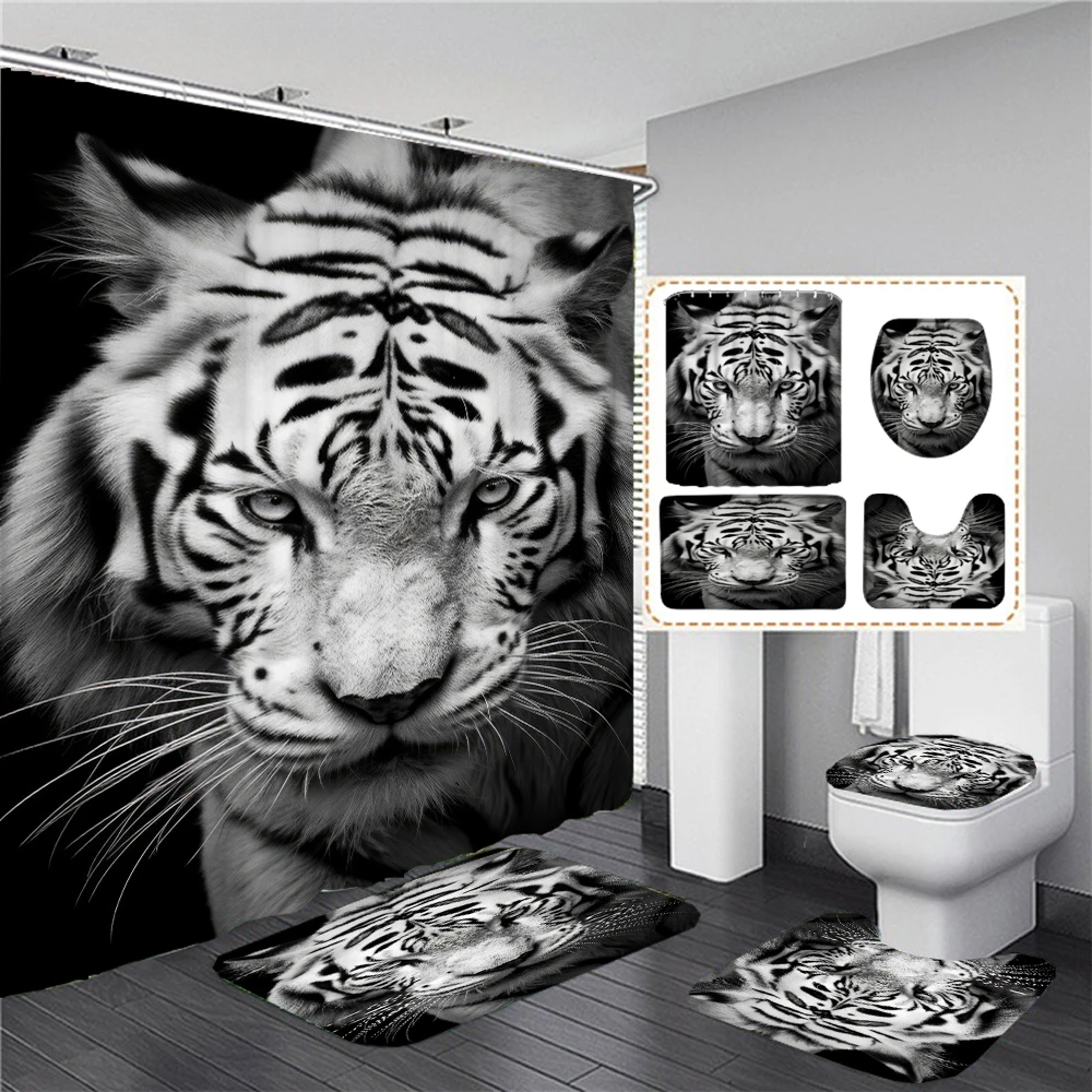 Lion Leopard and Tiger Animals 3D Printed Shower Curtains Bathroom Curtain Set Toilet Lid Cover Black Animal Bath Mat Rugs