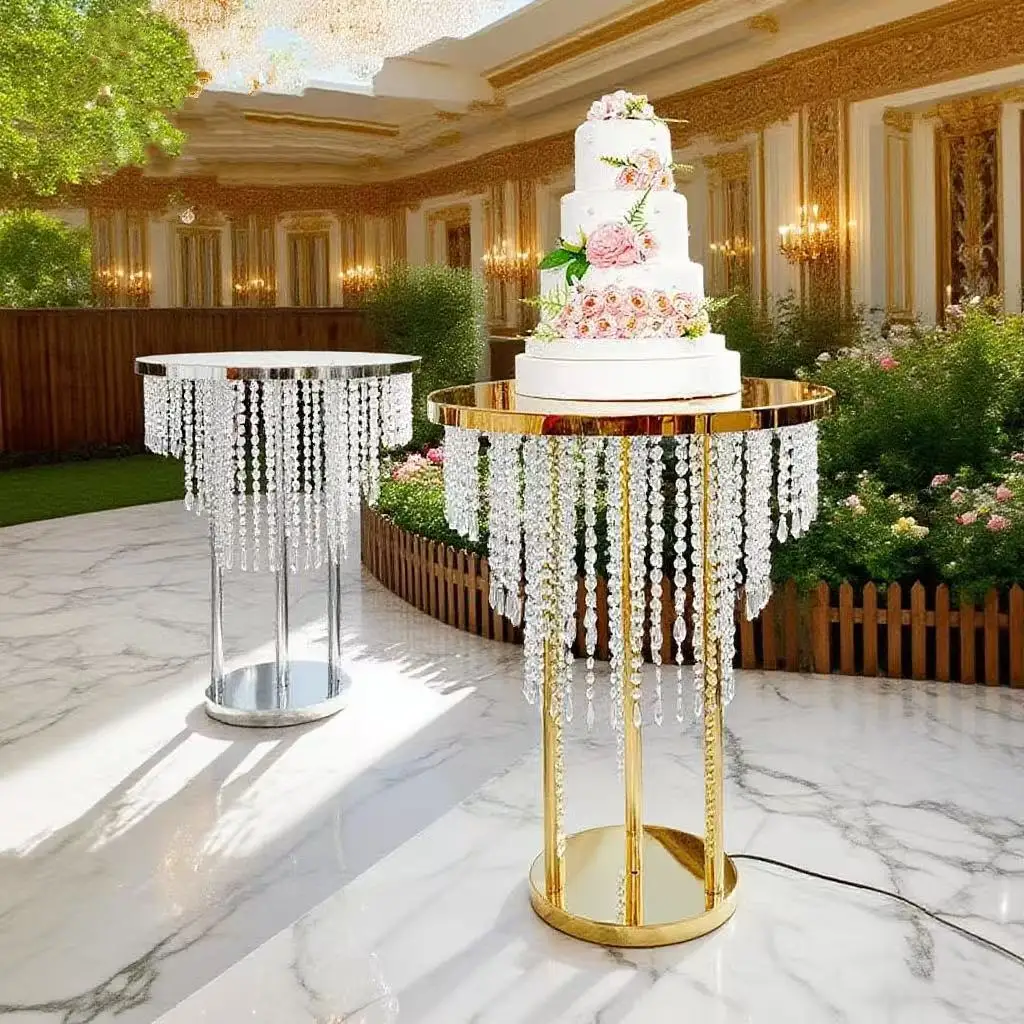 

Luxury Wedding Christmas Birthday Party Decor Round Metal Acrylic Bead Curtain with Lights Dessert Table Cake Flower Stand Decor
