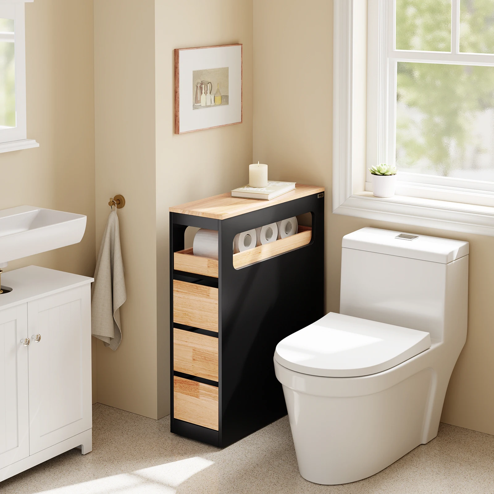 SoBuy BZR54-II-SCH Badezimmerschrank mit Rollen, Schmal Badschrank mit 3 Schubladen – Kompakte Kommode aus Holz, Beweglicher Nischenschrank für kleine Bäder, WC und Küche, Schwarz, 65x23x82cm