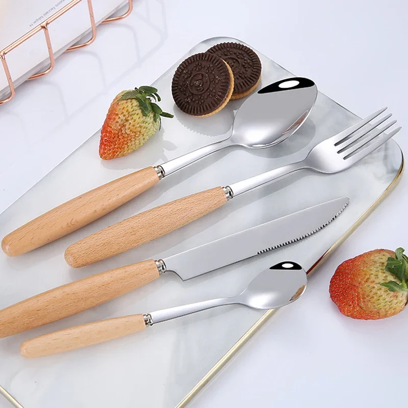 1/5/20 Pcs Stainless Steel Cutlery Set Short Wood Handle Flatware Set Knife Fork Spoon Service for 4