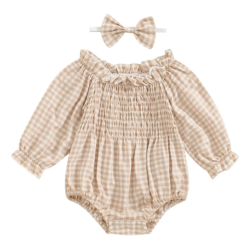 

Infant Baby Girl Fall Clothes Cotton Linen Plaid Romper Bodysuit Long Sleeve Crewneck Bubble Romper Headband Outfit