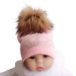 diamond embroidery baby knitted Warm Winter Wool  hat cap girl boy kids faux fur pompom children crown beanies casual skullies