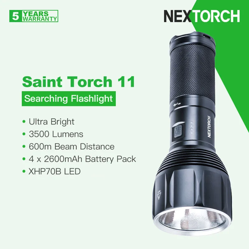 Nextorch Saint latarka 11 wyszukująca latarka, Ultra jasny 3500 lumenów o długości 600m, akumulator 4x2600mAh, akumulator typu C