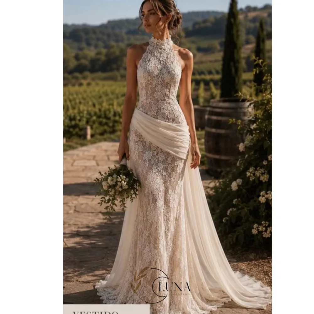 Luna Customized Full Lace Luxury Wedding Dresses with Train Sleeveless Formal Sweep Train robe de mariee Bridal Gown