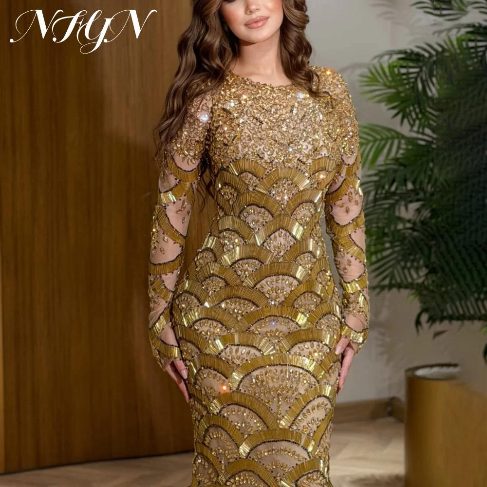 NFYN Luxury Gold High Neck Long Sleeve Mermaid Evening Gown Fan Beaded Sequin Mesh Bodice Train Prom Evening Party Customized