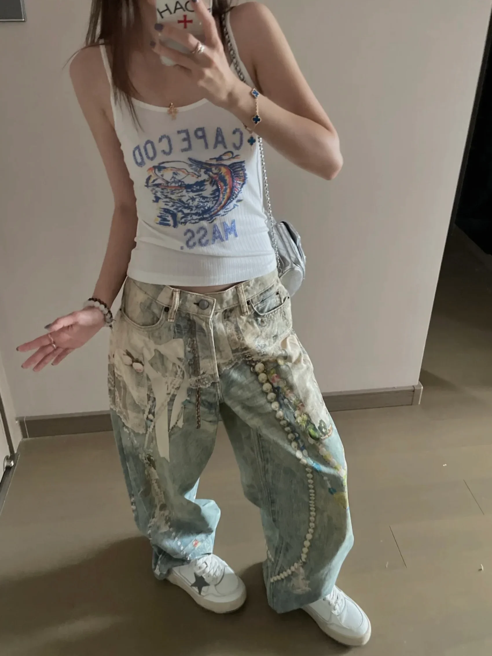 AC 25FW 1981m Straight Lace Pearl Chain 3D Digital Printing 3D Printed Jeans