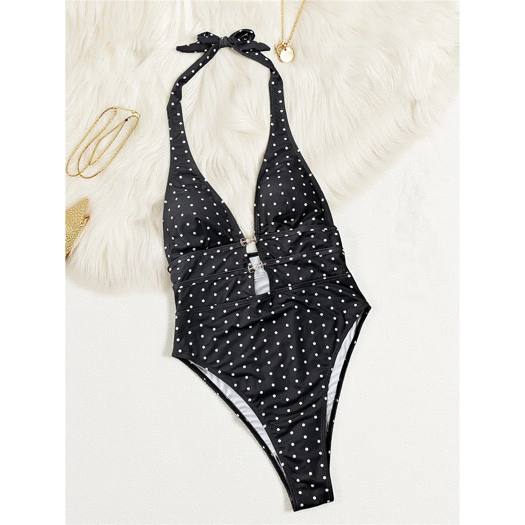 Polka Dots Neckholder-Badeanzug mit tiefem V-Ausschnitt, einteiliger Badeanzug für Damen, rückenfreier Monokini mit Polsterung, Badebekleidung, Badeanzug, Modell V7729. – Detail 3