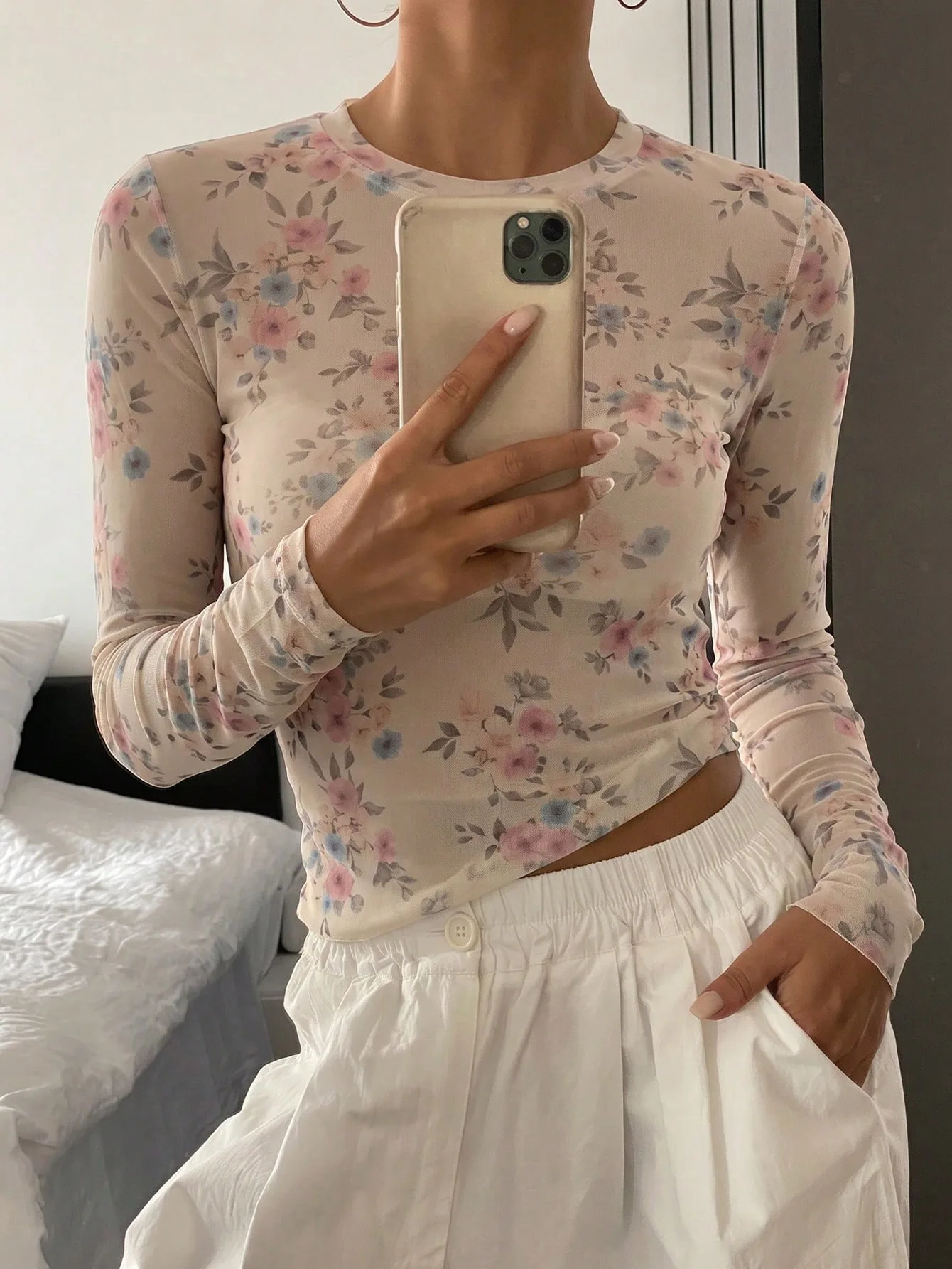 Printed Floral Shirt - Dames 2026 Nieuwe Herfst Bloemenprint Mesh