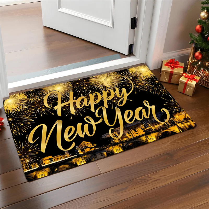 New Year Christmas Decorative Doormat Golden Balloon Gift Firework Reindeer Cute Animal Print Floor Mat for Front Door