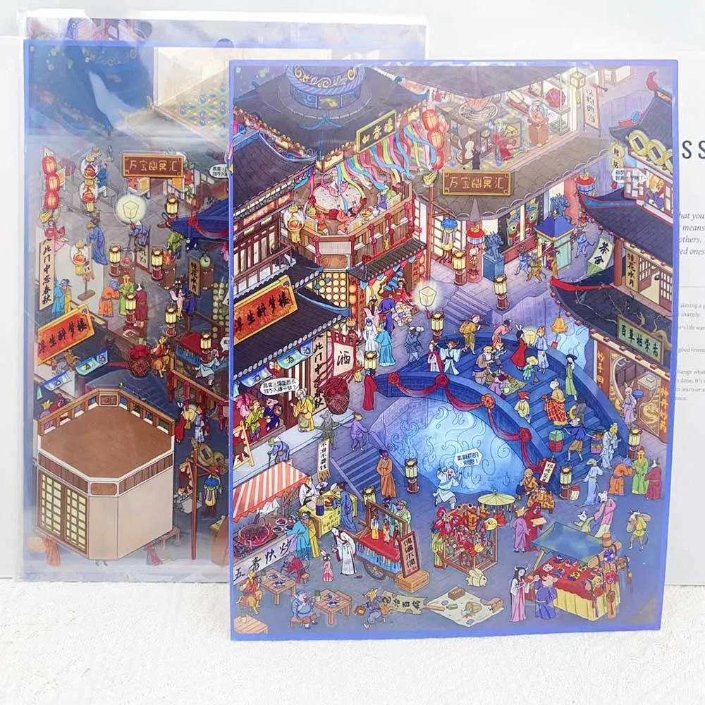 4pcs Big Size Chinese Horror Miniature Scene 3D Landscaping Stickers DIY Scene Stacking and Pasting Hand Account PET Stickers