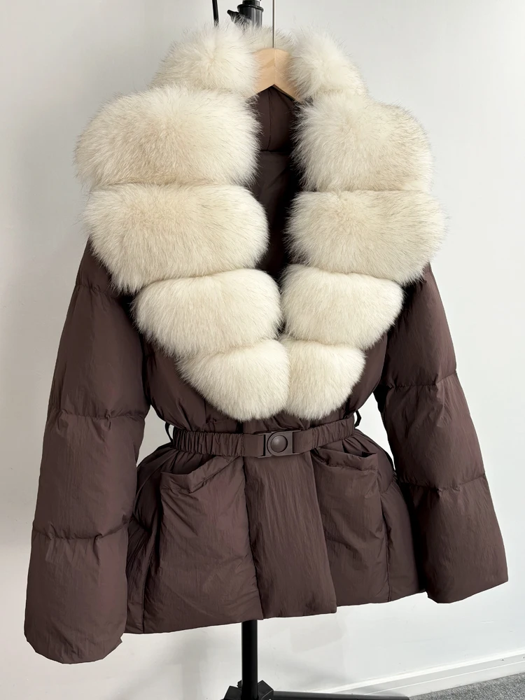 Lagabogy 2025 Large Real Fox Fur Winter Belt Waist-Tight Elegant Warm 90% White Duck Down Jacket Female V-neck Loose Puffer Coat