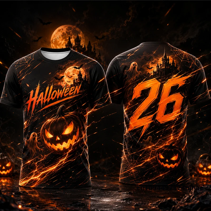 2026 Halloween Spooky Pumpkin Print Football Jersey For Men Women T-shirt Summer Sports Festival Tees Casual Kids/Adult Tops