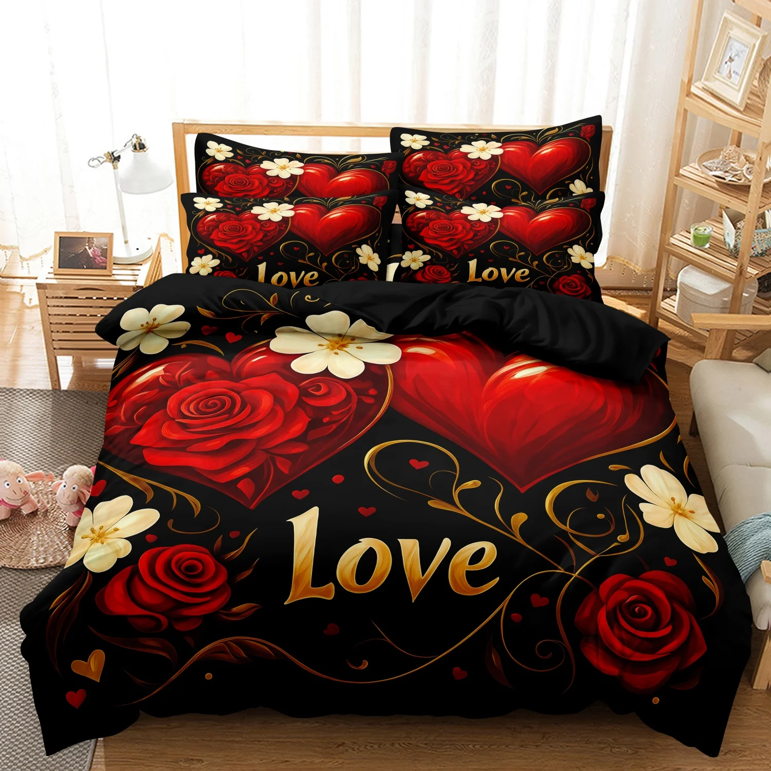 3pcs Black Red Rose Love Heart Duvet Cover Set, Romantic Floral Print Bedding, For Family Bedrooms Dormitories Hotels