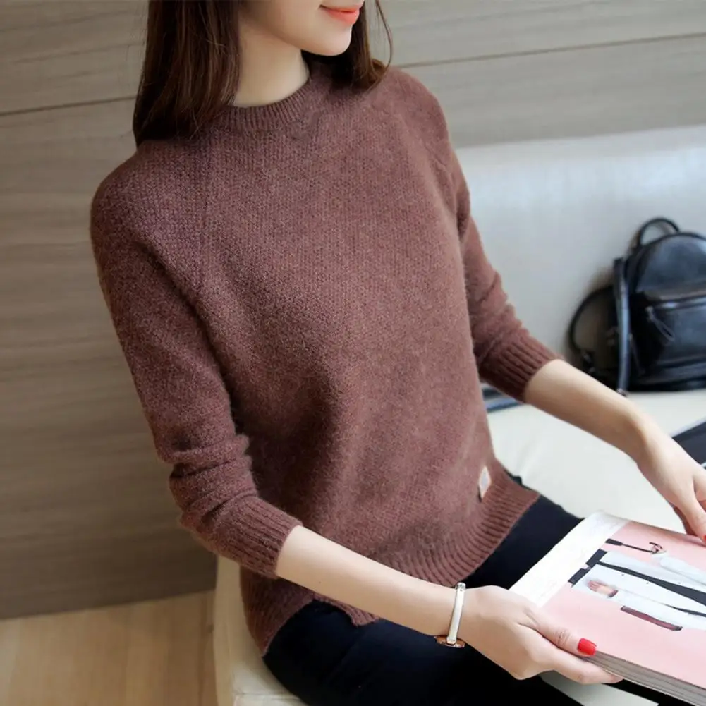 Women Round Neck Top Long Sleeve Slit Hem Blouse Women's Round Neck Long Sleeve Knit Sweater with Slit Hem Loose for Bottoming