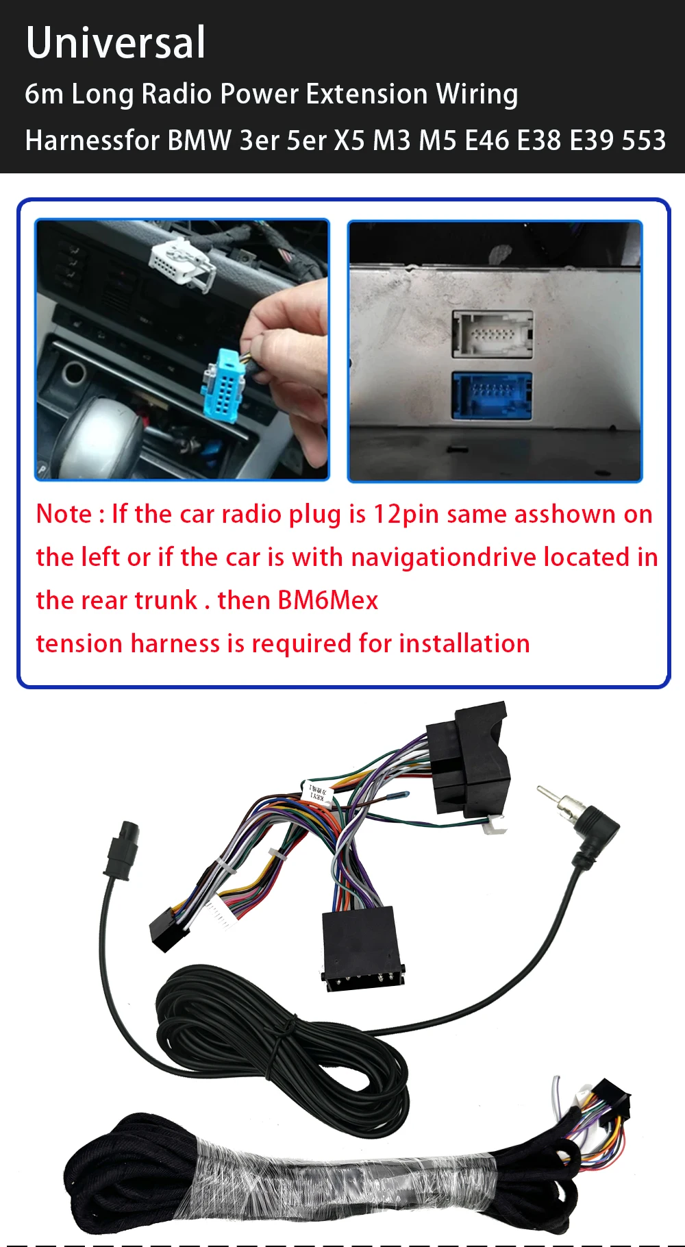 For BMW 3er 5er X5 M3 M5 E46 E38 E39 E53 Car Stereos Units BM6M Universal 6M Long Radio & Power Extension Wiring Harness