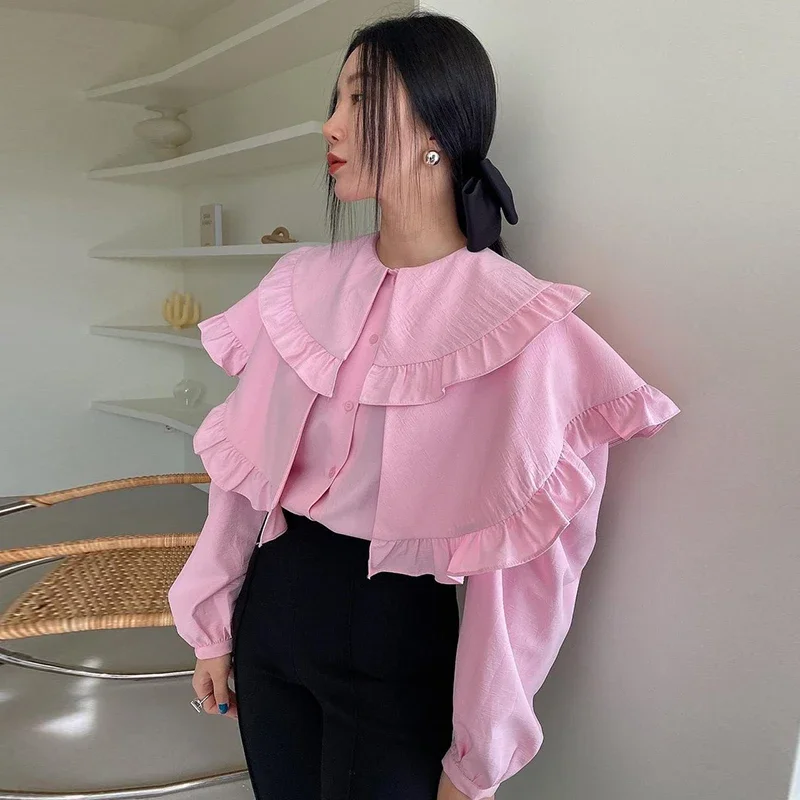 Ezgaga Sweet Pink Shirt Women Loose Long Sleeve Solid Ruffles Lapel Spring New Korean Chic Ladies Tops Elegant Fashion Blouses