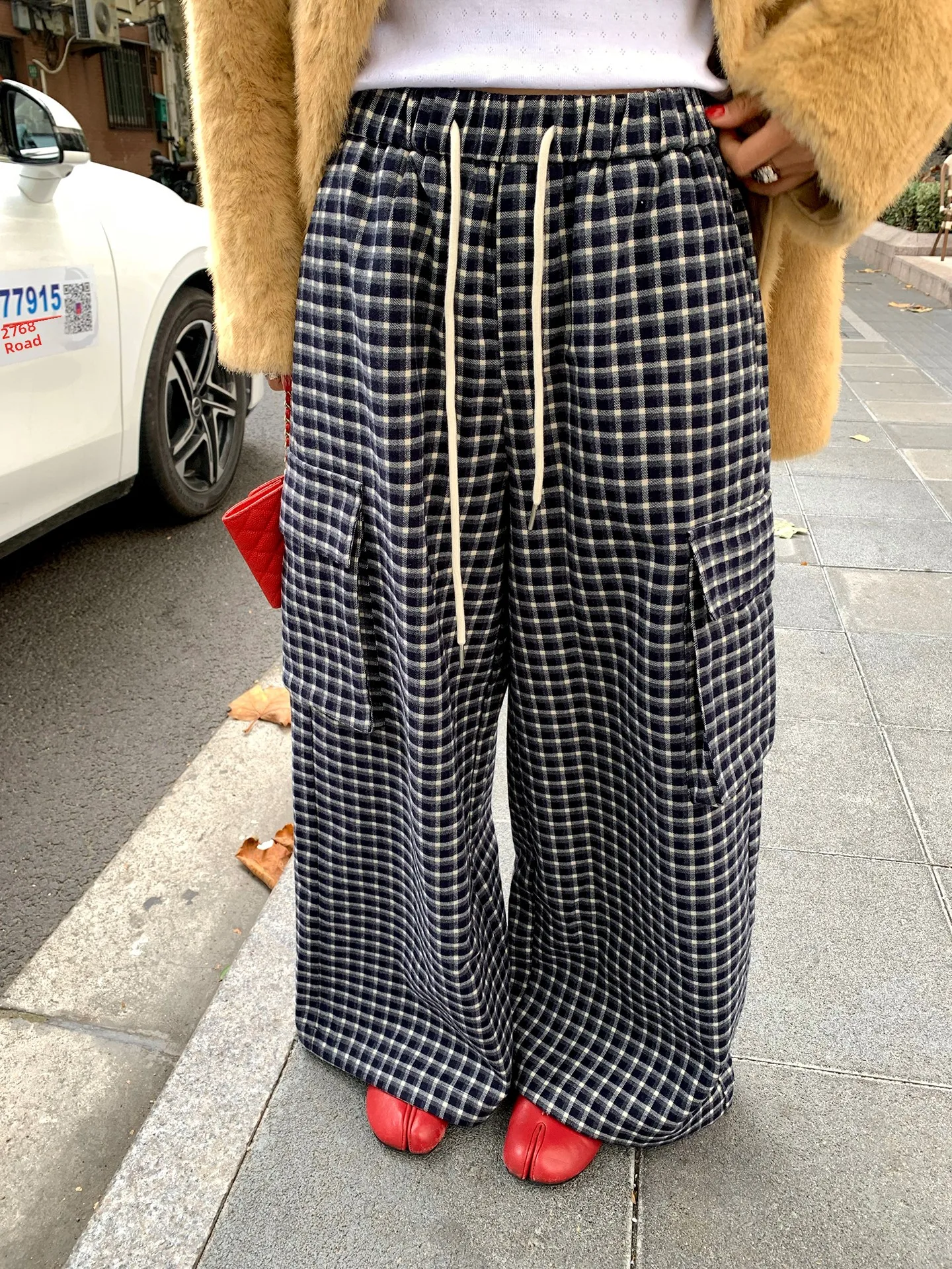 

Tefamani 2025 Autumn Season Plaid Wide Leg Pants Women's Loose Elastic Waist Belted Casual Sle High Waist Polyester Blend