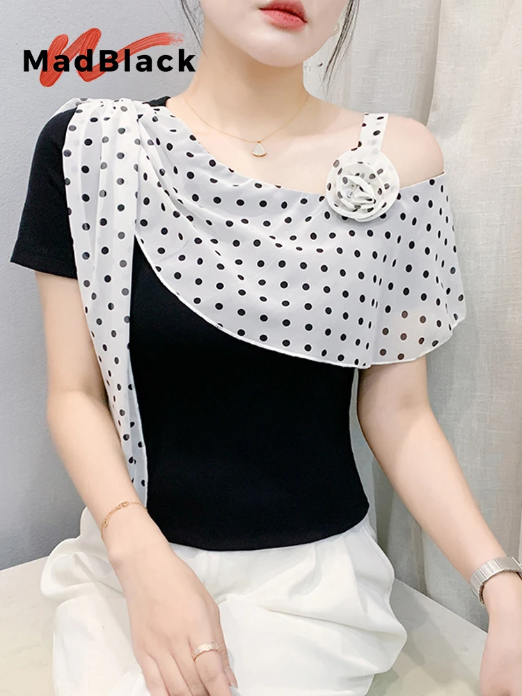 

MadBlack-женская европейская футболка, сексуальный косой воротник в горошек с 3D цветочным принтом, уличная тонкая футболка с открытыми плечами, осень 2023, T58607CC