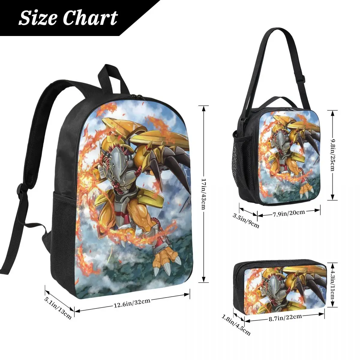 Anime Digimon War Greymon Backpack Student BookBag School Bag Laptop Shoulder Bags 3ps Insulated Lunch Bag Pencil Case