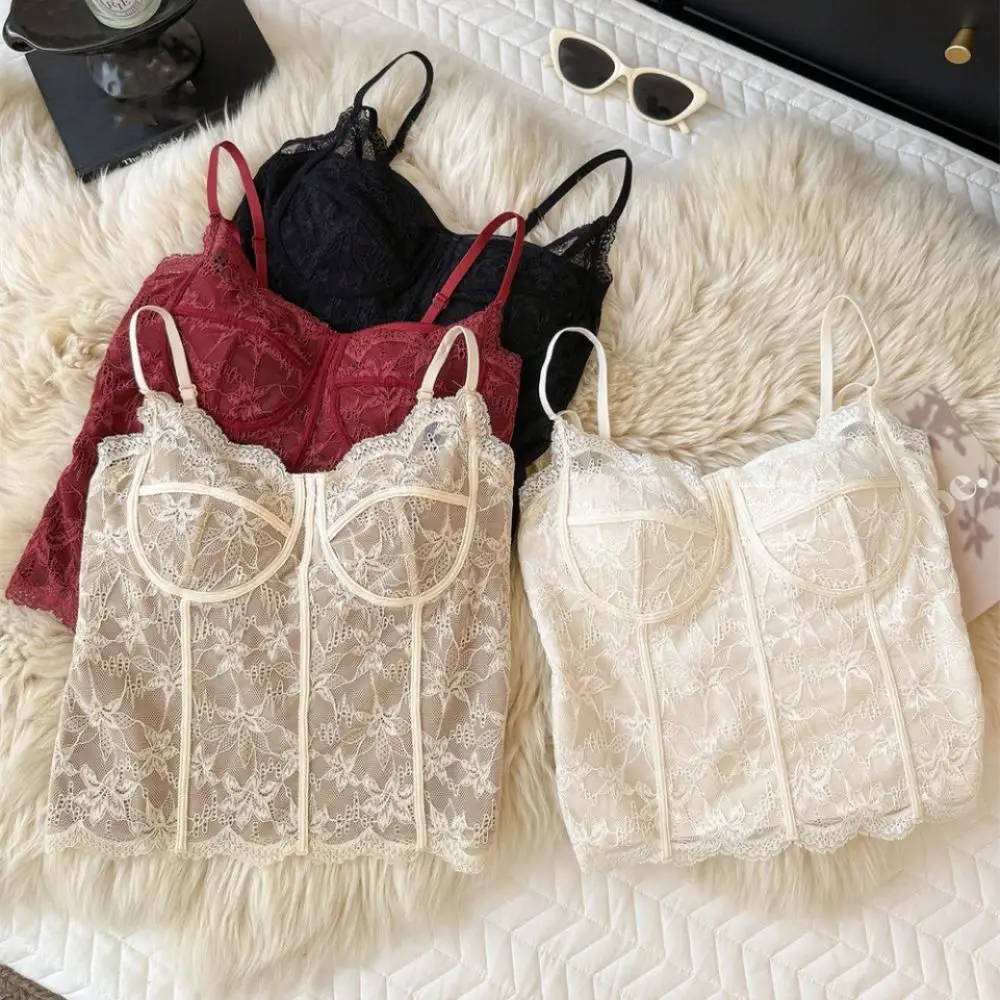 Moda malha flor magro rendas colheita topo doce verão menina colete superior camisa de fundo picante meninas estilo camisola com almofadas senhora