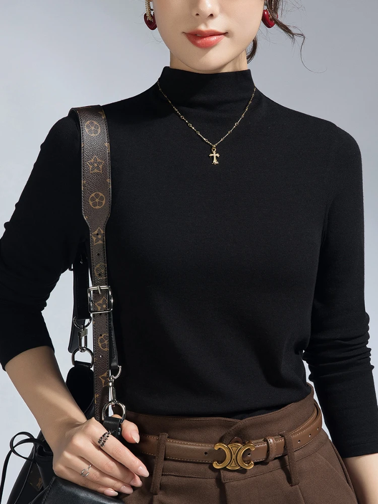 T-shirt à manches longues col haut pour femmes 2025 Nouveau printemps et automne mode haut basique (M-3XL) haut Y2k