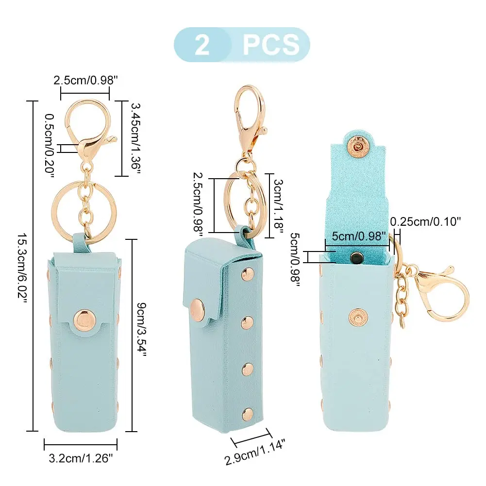 2pcs Chapstick Keychain Holder 6In PU Leather Lipstick Organizer Holder with Keychain Mini Lip Gloss Travel Storage Green