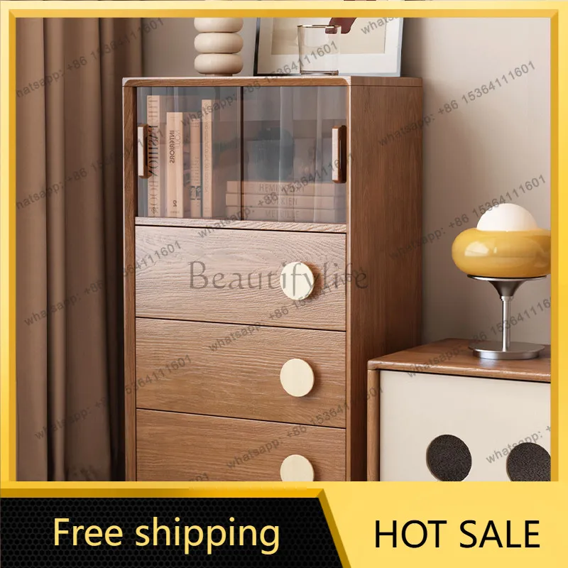 YJ Mid-Century Rubber Wood Chest Of Drawers Sliding Door Glass Cabinet Round Handle Living Room Household Storage Furniture