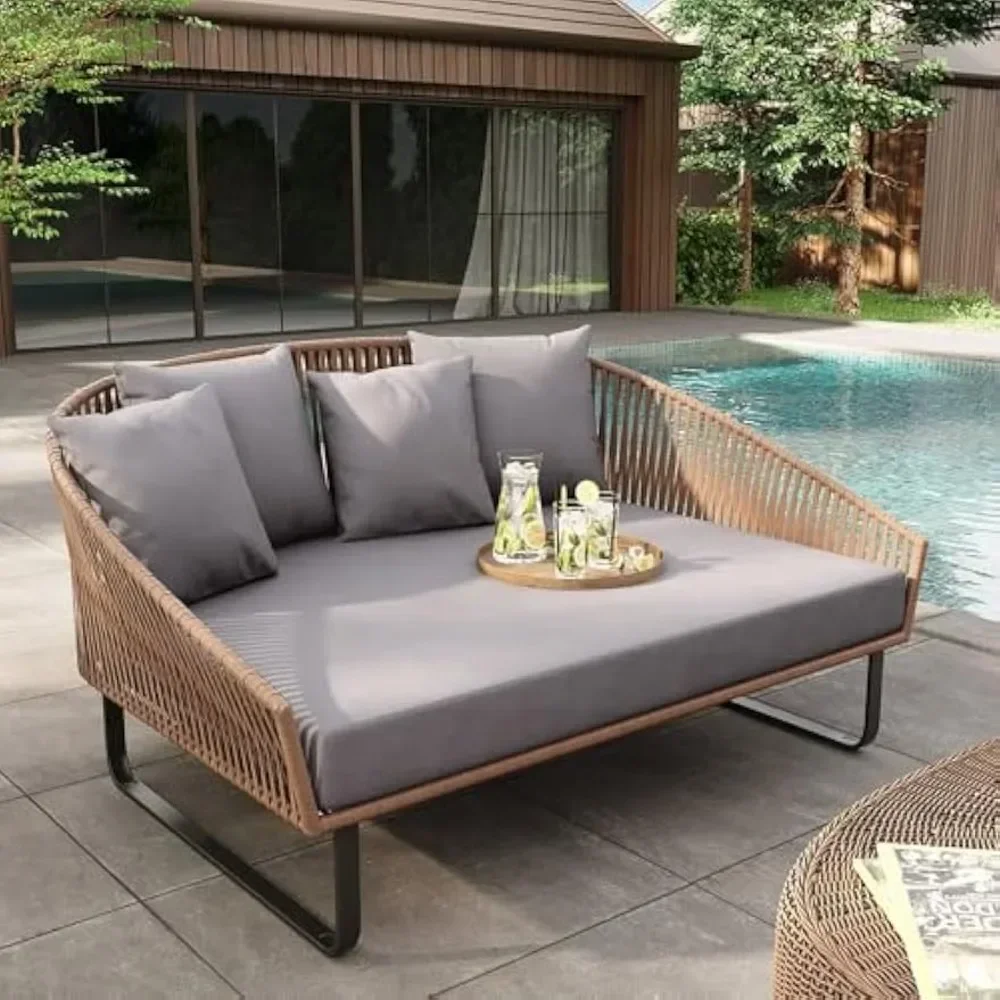 

Rattan Patio Outdoor Daybed, Rattan Day Bed with Cushion Pillow & Aluminum Frame Sunbed Sofa Set Patio Loveseat