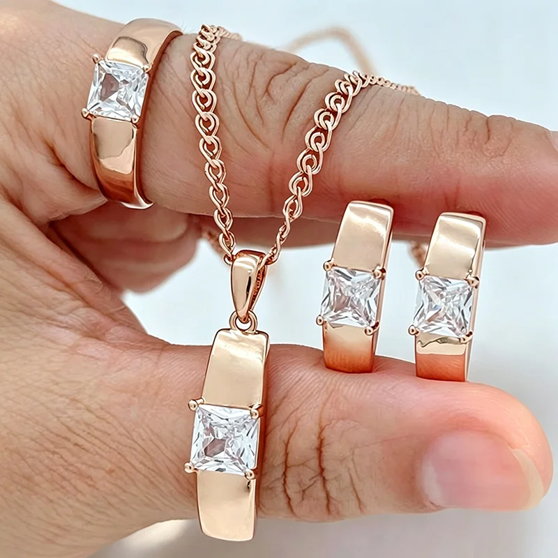 Kinel Fashion White Natural Zircon Square Ring Necklace Earrings for Women Simple 585 Rose Gold Color Wedding Jewelry Sets