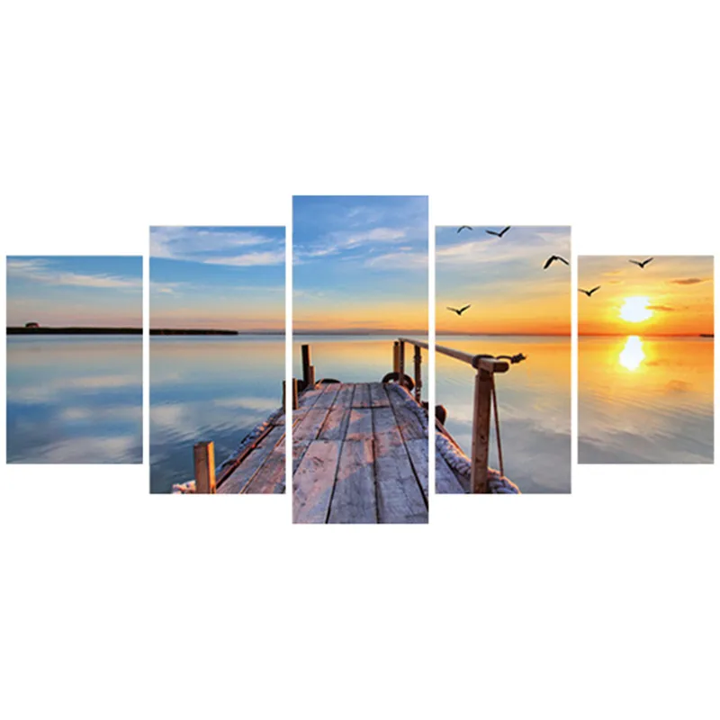 

3D Wall Art, Sunrise on Sea, View Stickers, Plank Dock, Vinyl Mural, for Living Room Decoration, Landscape Wallpaper, 5 Pcs/set