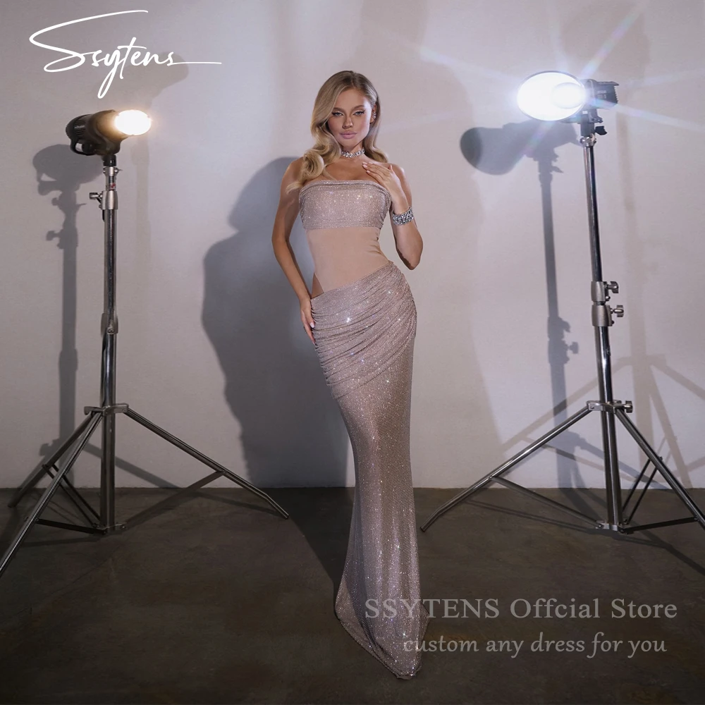 

SSYTENS Luxury Dubai Pink Shiny Evening Dresses Sleeveless Sequins Vestidos de noche Sexy Slit Formal Event Dress Customized