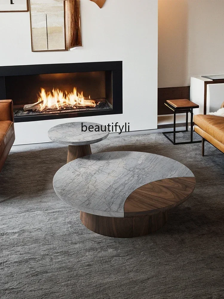 

smt03 New Arrivals Italian round Marble Tea Table Combination Living Room Home Modern Simple Retro Style Walnut Model Room 03A