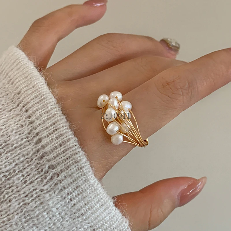 خاتم لؤلؤ المياه العذبة الطبيعي للنساء الخفيف الفاخر الراقية خاتم الرجعية المتخصصة السبابة