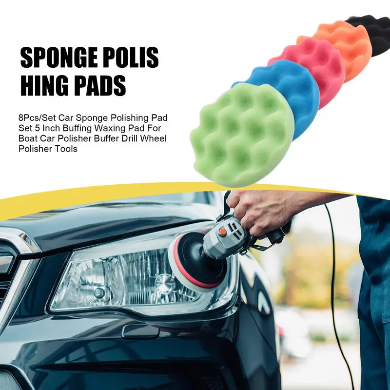 ABJA-8Pcs/Set Car Sponge Polishing Pad Set 5 Inch Buffing Waxing Pad For Boat Car Polisher Buffer Drill Wheel Polisher Tools