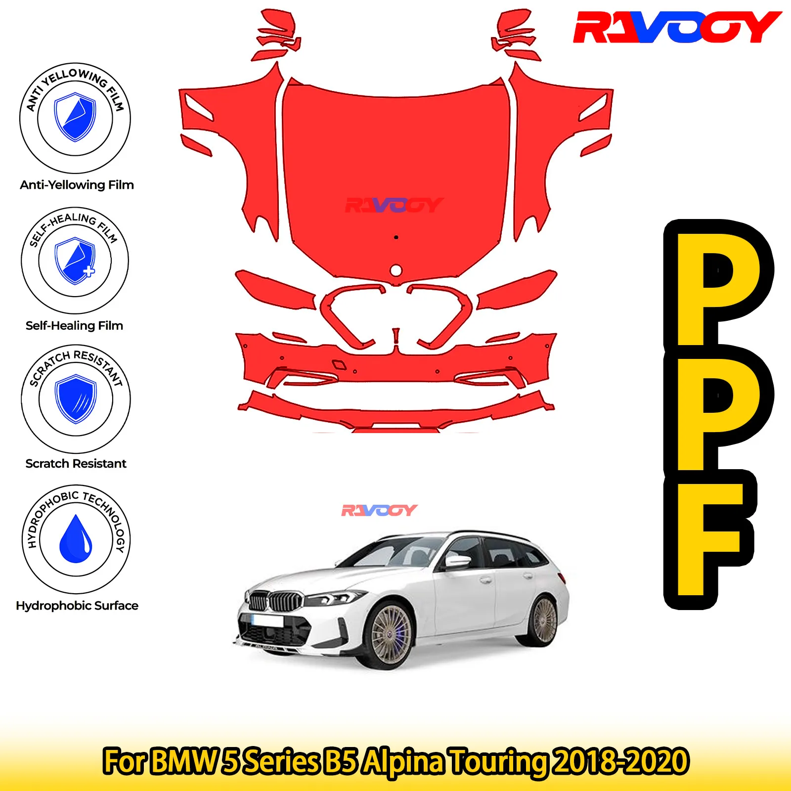 

For BMW 5 Series B5 Alpina Touring 2018-2020 Glossy Matte Black Precut front PPF Kit Paint Protection Film