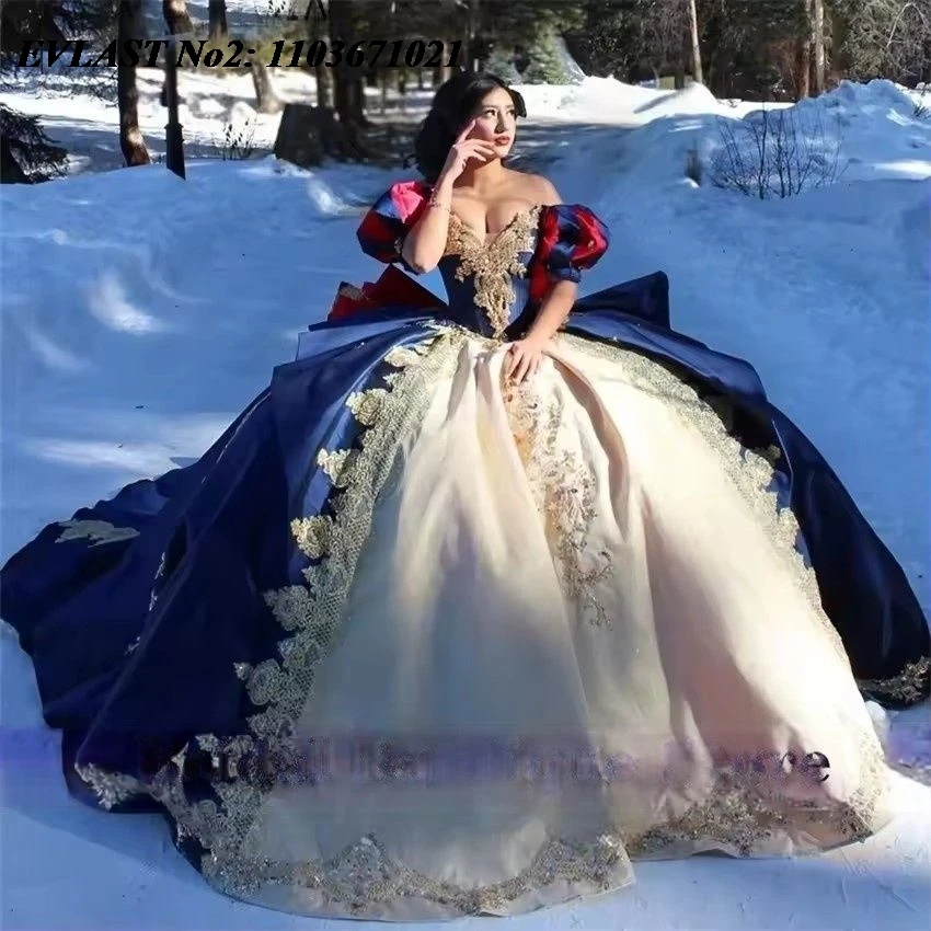 

EVLAST индивидуальное мексиканское синее платье Quinceanera, бальное платье, кружевная аппликация, корсет с бисером, Sweet 16, Vestidos De 15 Anos E2QA68