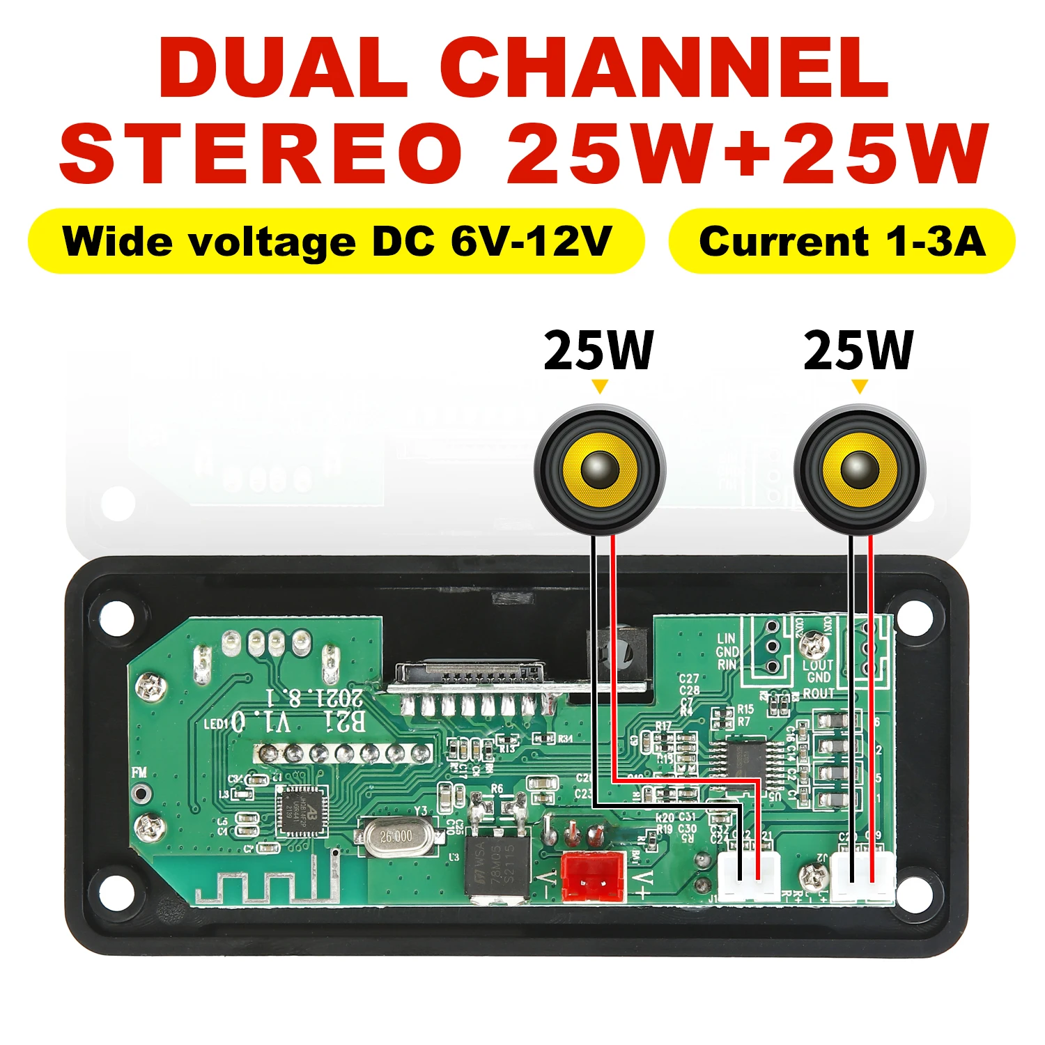 50W  Amplifier Bluetooth 5.0 DIY MP3 WAV Decoder Board DC 12V Wireless Car USB MP3 Player TF Card Slot USB FM with Mic