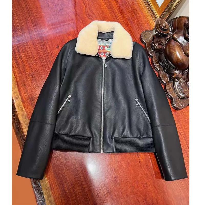giacca in vera pelle colletto rovesciato con vera lana La fodera è foderata con cappotto da donna in cotone invernale e autunnale
