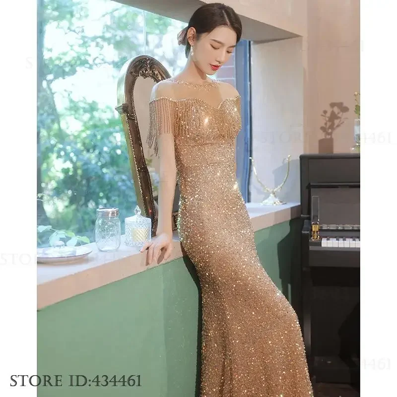 Female Sexy Perspective Mesh Mermaid Prom Dress Sparkling Sequin Bead Tassel Evening Party Dress Floor Length Robe De Soiree