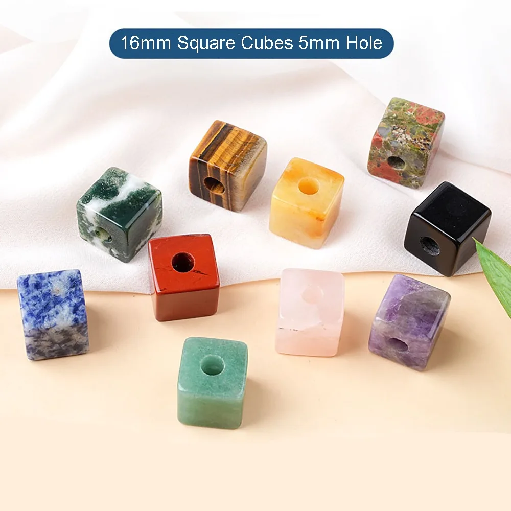 16mm Natural Cubic Stones Square Shape Loose Beads Crystal Agate Cube Amethyst Rose Quartz Healing Crystals DIY Hanging Ornament