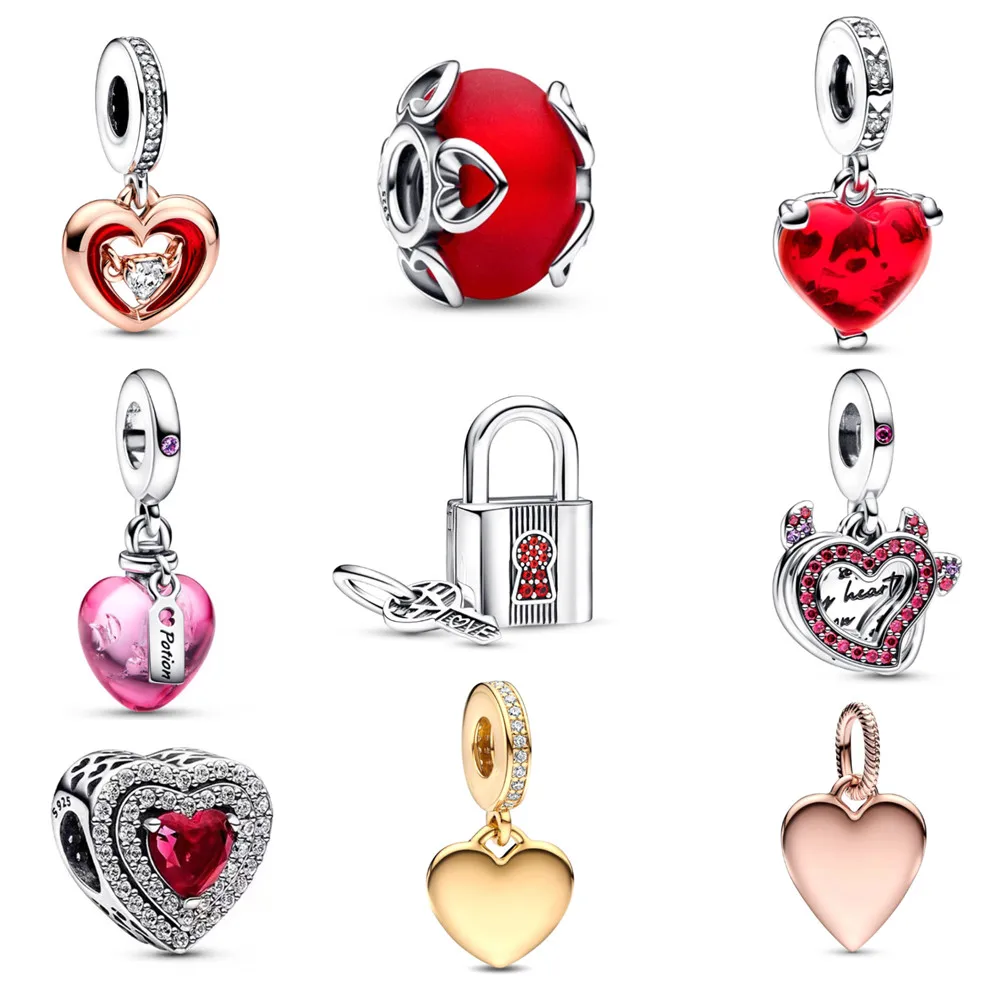 

2023 Spring 925 Sterling Silver Frosted Red Love Potion Murano Glass Devil Heart Double Dangle Charm Fit Pandora Bracelet DIY