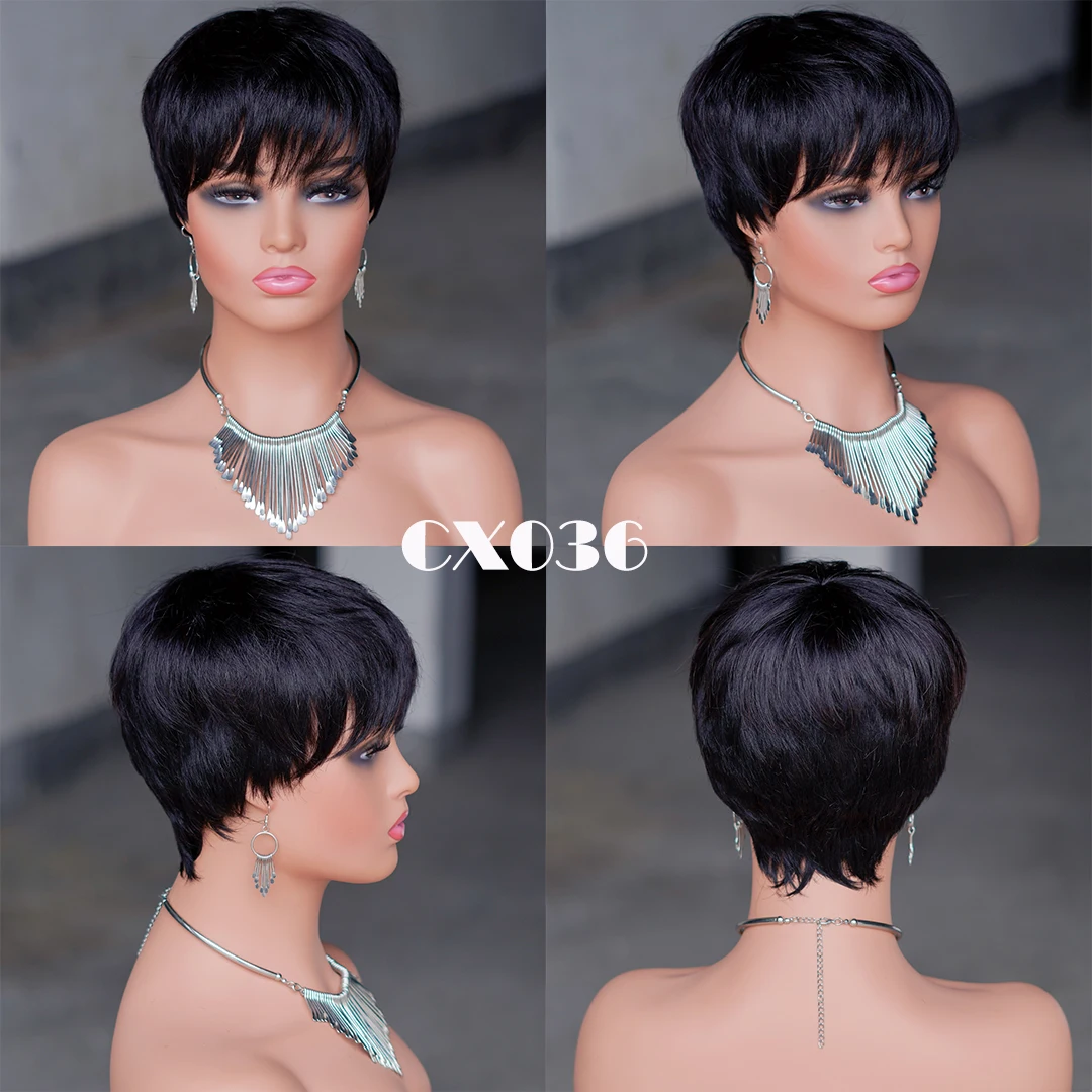 Short Pixie Cut Human Hair Wig for Women Natural Black Brazilian Hair Wig Glueless Wigs with Bangs  Cheap  Wear and Go Wigs