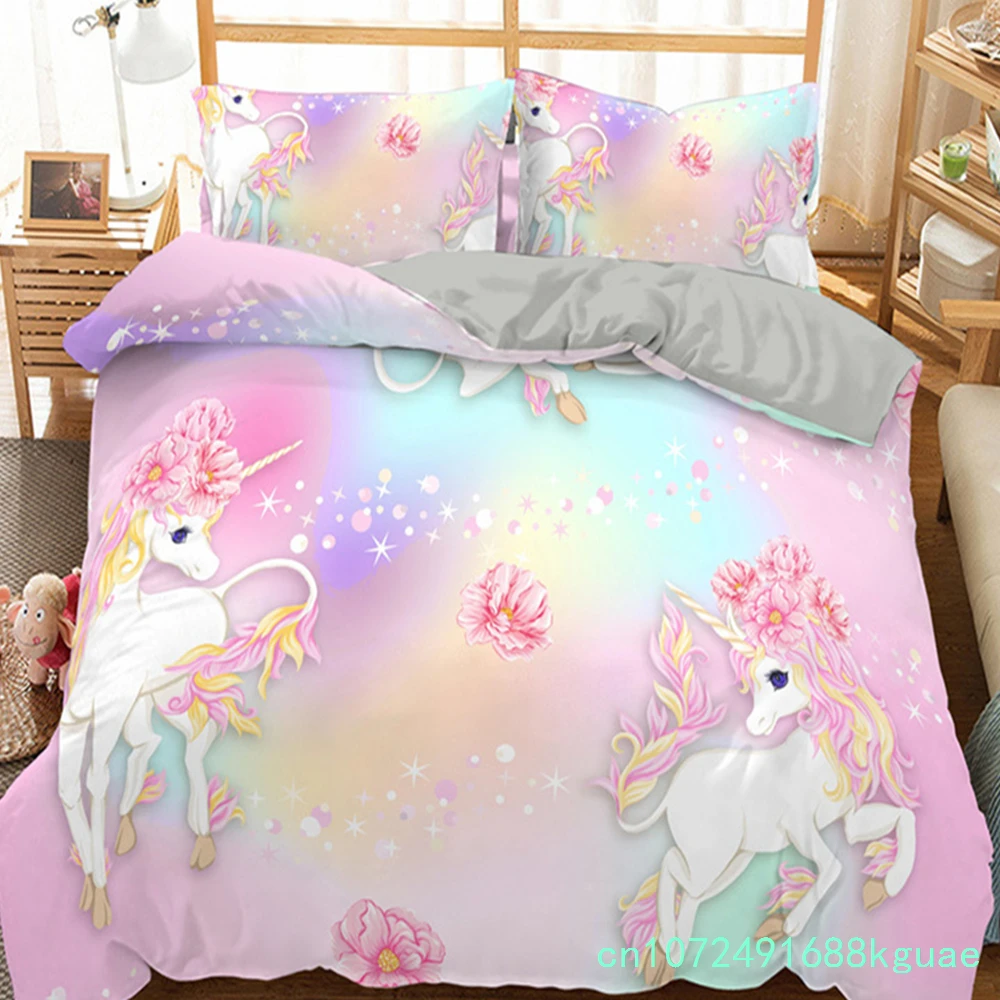 Girls Unicorn Flower Duvet Cover Cartoon Bedding Set Microfiber 3D Print Comforter Cover King Full For Kids Teen Bedroom Decor 2