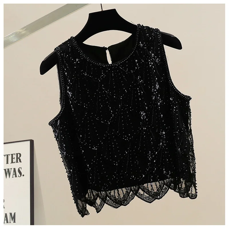Ciężko zdobiony cekinami damski top irt Svel Ele Design koreański okrągły dekolt casualowy letni top Faion Trend
