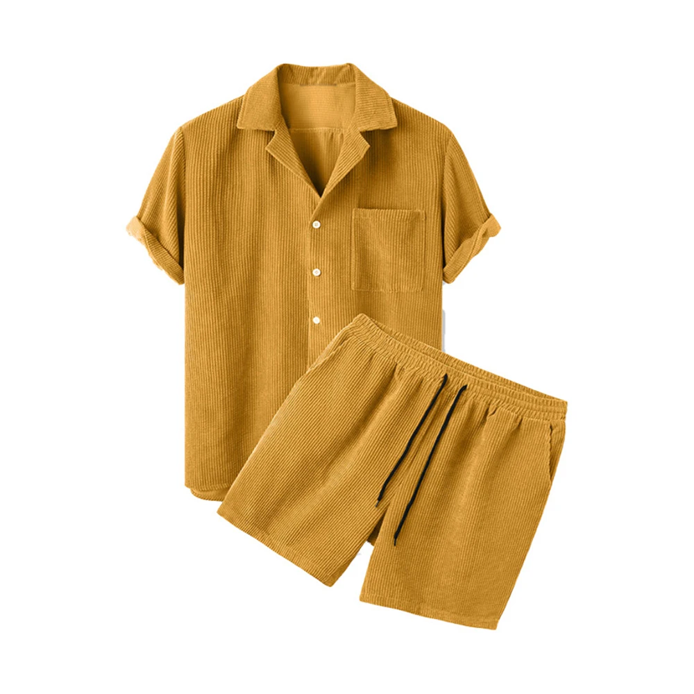 

Spring And Summer New Style Shirt Shorts Solid Color Corduroy Casual Tops And Pants Suits Suit Collar Shirt Shorts Suits For Men