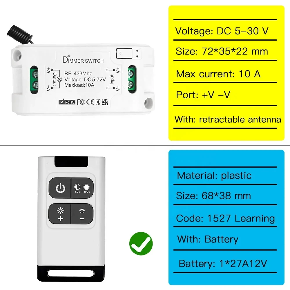 Tedeligo DC 6V 12V 24V LED Dimmer Light Brightness Adjustable Controller Smart Dimmer Switch 433MHz Dimmable Receiver Module