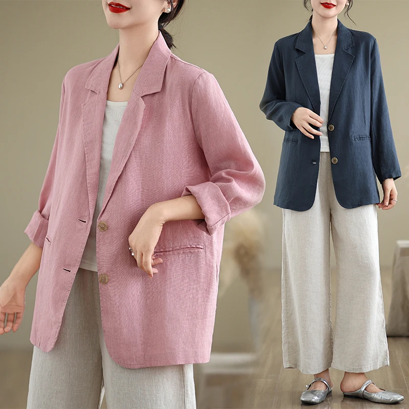Chaqueta de traje de lino Retro para mujer, ropa de abrigo informal de Color sólido, cárdigan abierto, Top versátil de estilo...
