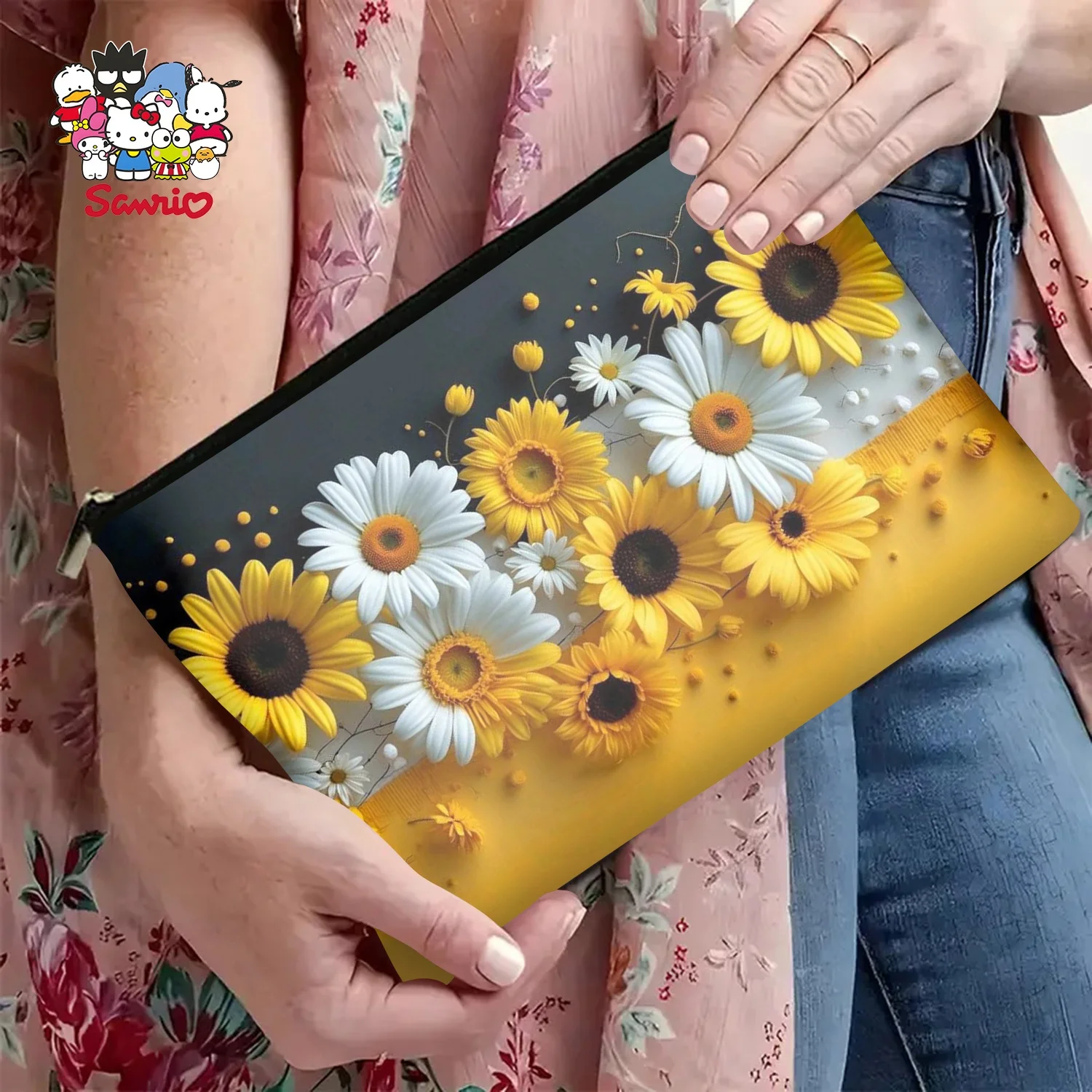 Un sac de maquillage classique à motifs frais de marguerite jaune et blanche – jolie pochette multifonctionnelle à fermeture éclair pour femmes, sac de rangement de bijoux,