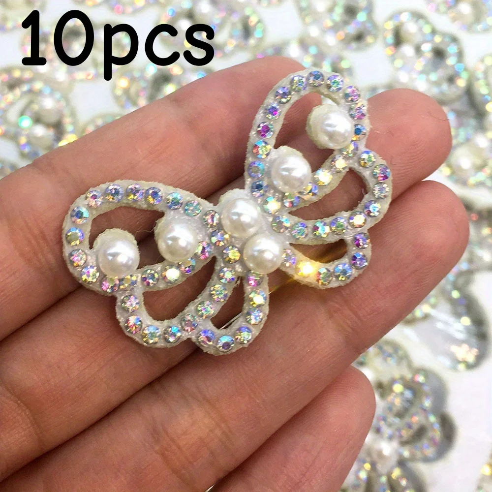 

10PCS Silvery Hot Drilling Pearl Rhinestone Non-woven Butterfly Pattern Cloth Sticker Hairpin Headwear DIY Clothing Jacket Shoe