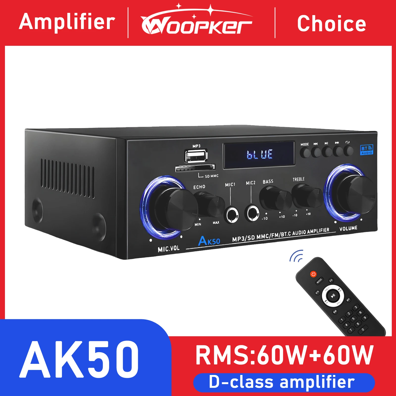 Woopker AK50 HIFI Audio Amplifier MAX 840W RMS 60W*2 Channel 2.0 Bluetooth5.3 Surround Sound Class D Amplifier Suitable for Home